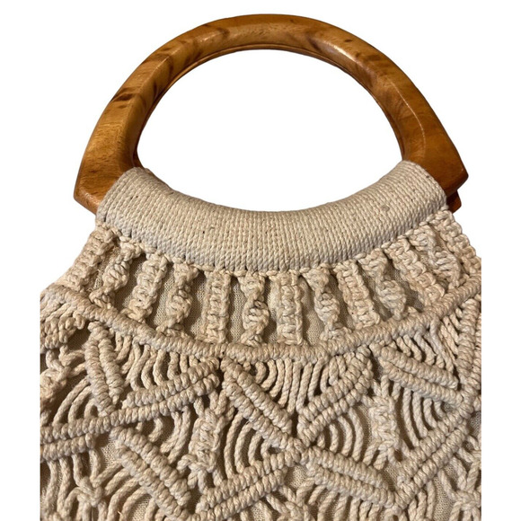 Vtg Mister Ernest Women's Cream White Boho Crochet Wood Purse Philippines - Picture 6 of 6